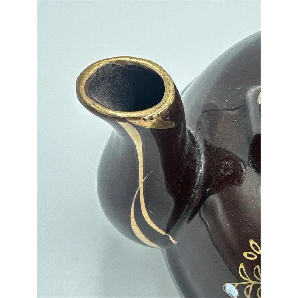 VTG Japanese Brown Moriage Floral Teapot w/ Metal Spring Handle Ceramic 3 Footed
